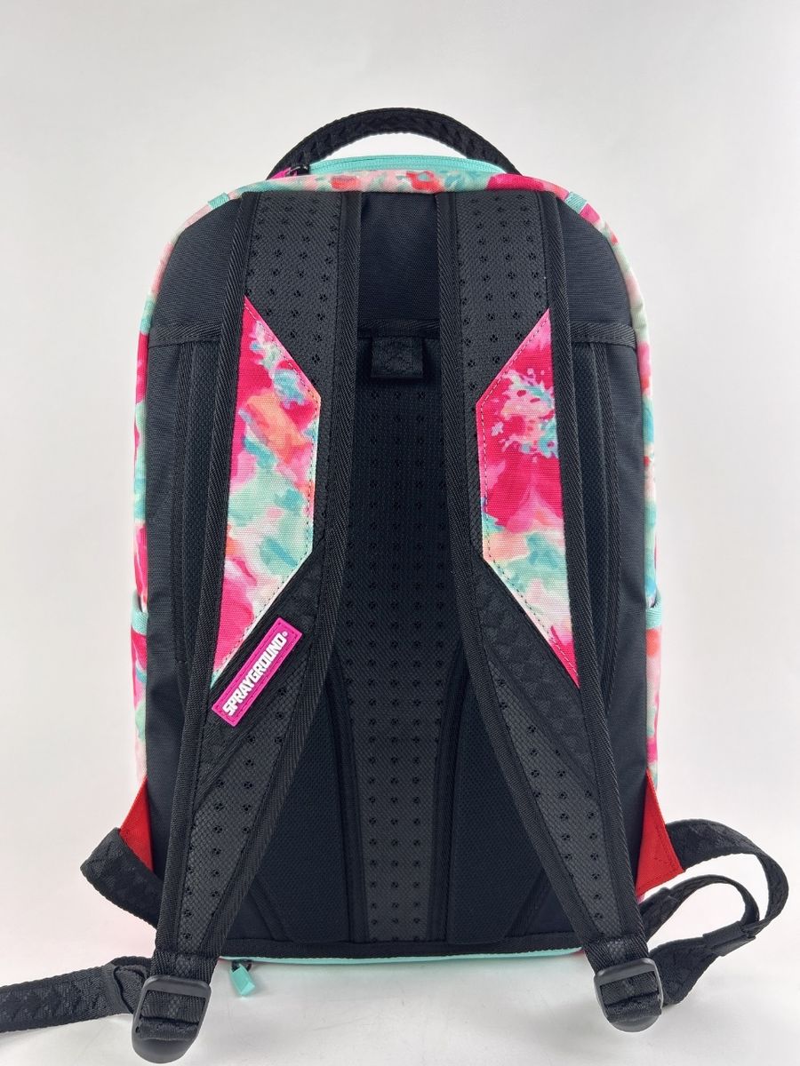 Colorful Floral Backpack by Sprayground Miami featuring 18-inch height, 115-inch width, and 65-inch depth in waterproof PVC material