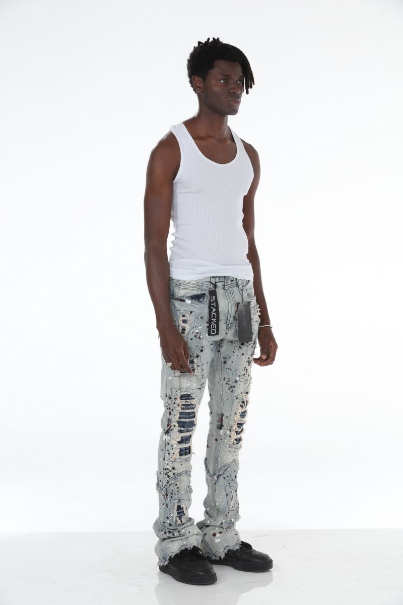 Stylo ATLp-02 Stacked Flare Ripped Jeans in light blue with paint splatter