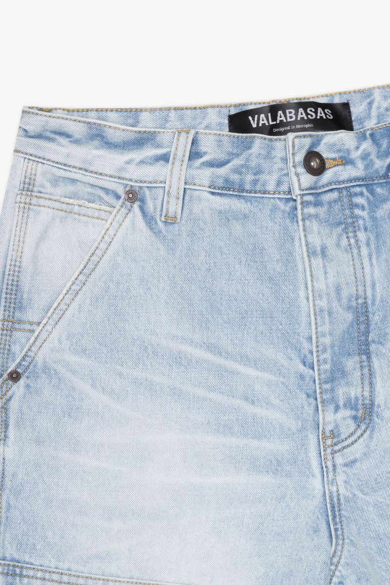 Front view of Valabasas Mr Straight light blue wash denim jeans highlighting button and zipper closure
