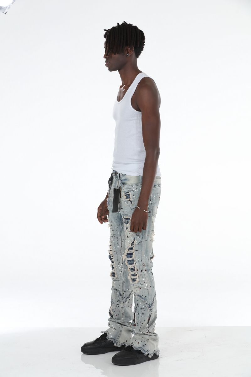 Side view of fashionable and trendy Stacked Flare Ripped Jeans by Stylo
