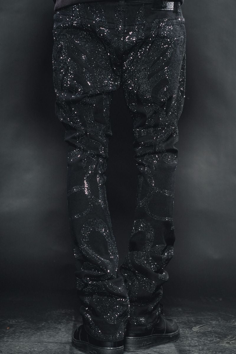 Vicious Rhinestone Black Denim Flare Jeans with sparkling rhinestone embellishments