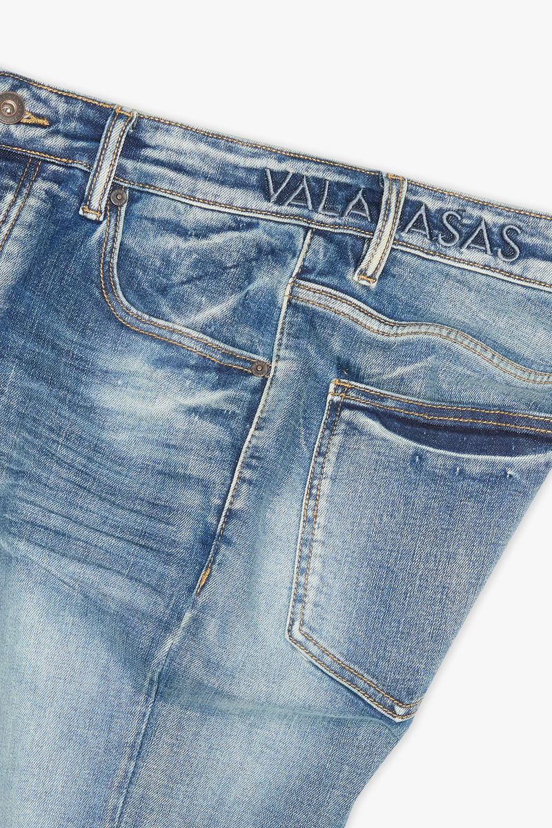 Valabasas Mr Stacked Medium Washed Stacked Denim Jeans - Front view of medium washed denim jeans with stacked design