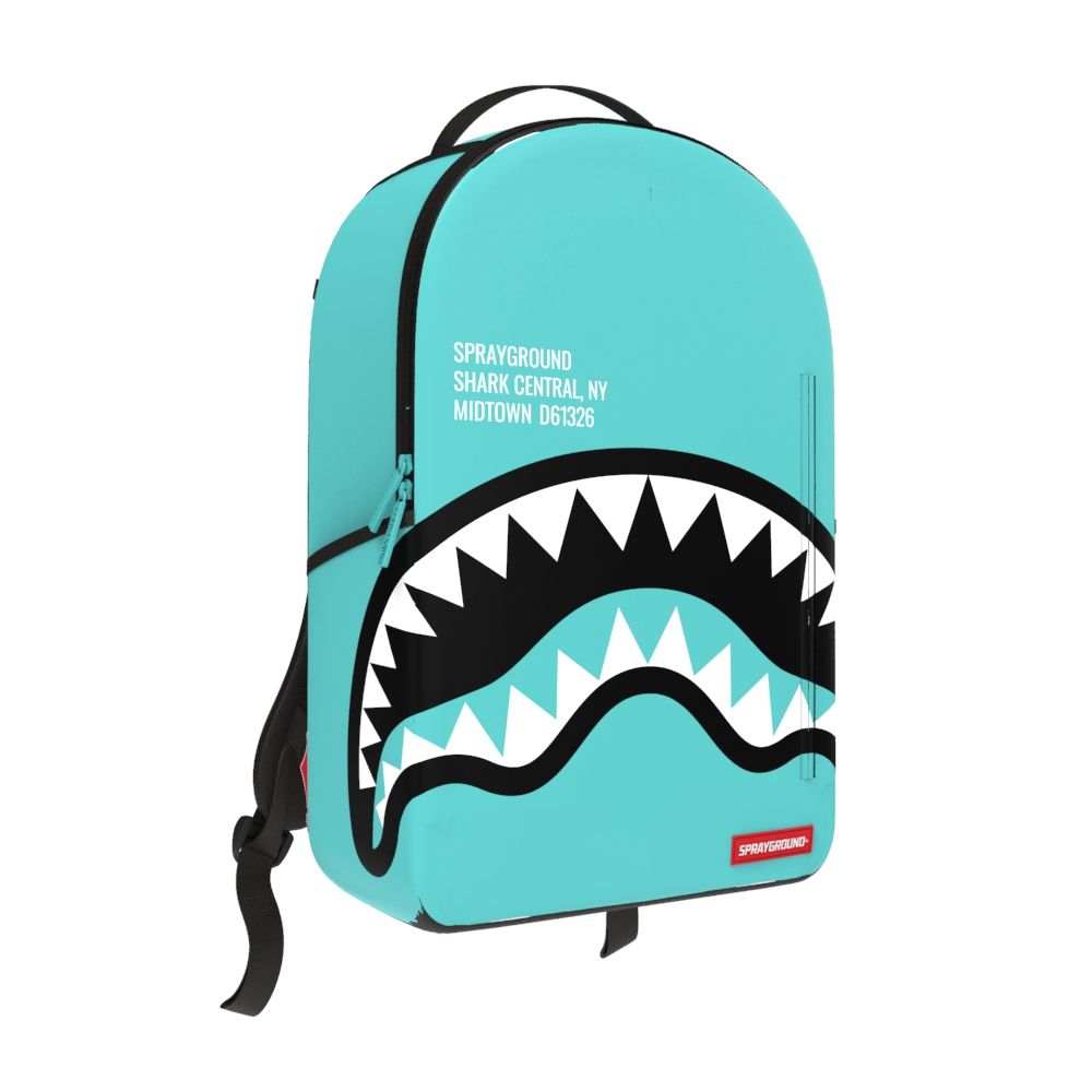 Sprayground Shark Central Aqua Backpack showcasing vibrant shark design and spacious interior