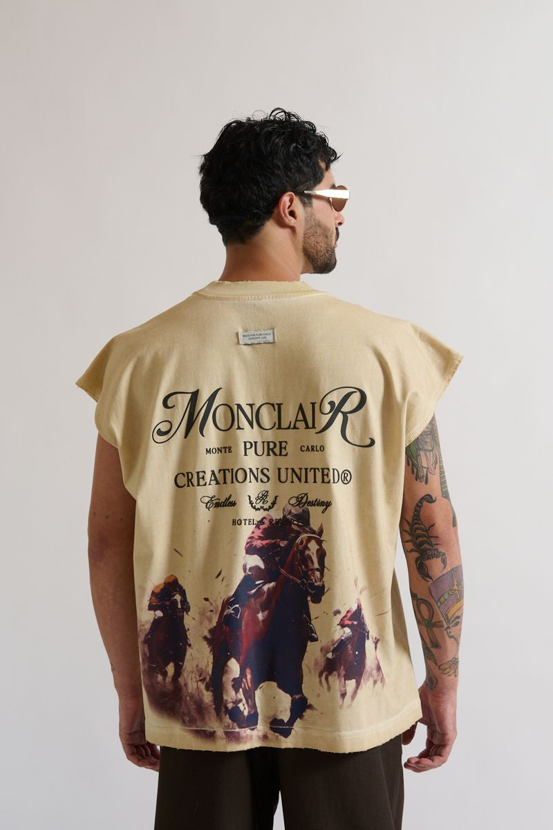 PURE Monclair Horses Cream Sleeveless Tee displayed from front view