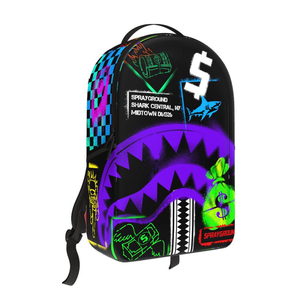 Close-up of the Sprayground Shark Central Stencils backpack showcasing its 18-inch height and PVC material