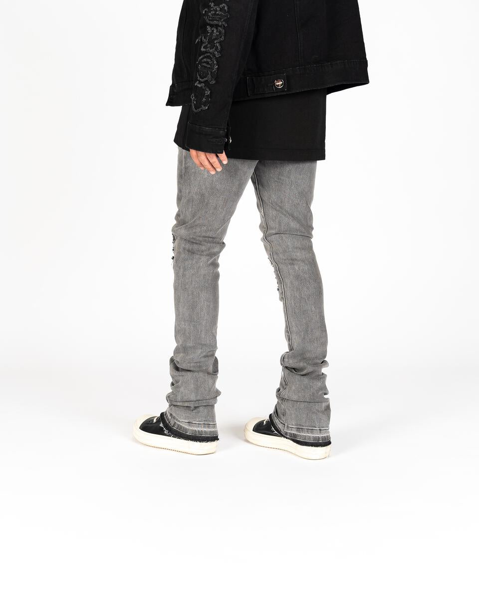 PHEELINGS Soulful Serenity Charcoal Grey Flare Stack Denim: Stylish and comfortable denim pants for a relaxed yet fashionable look