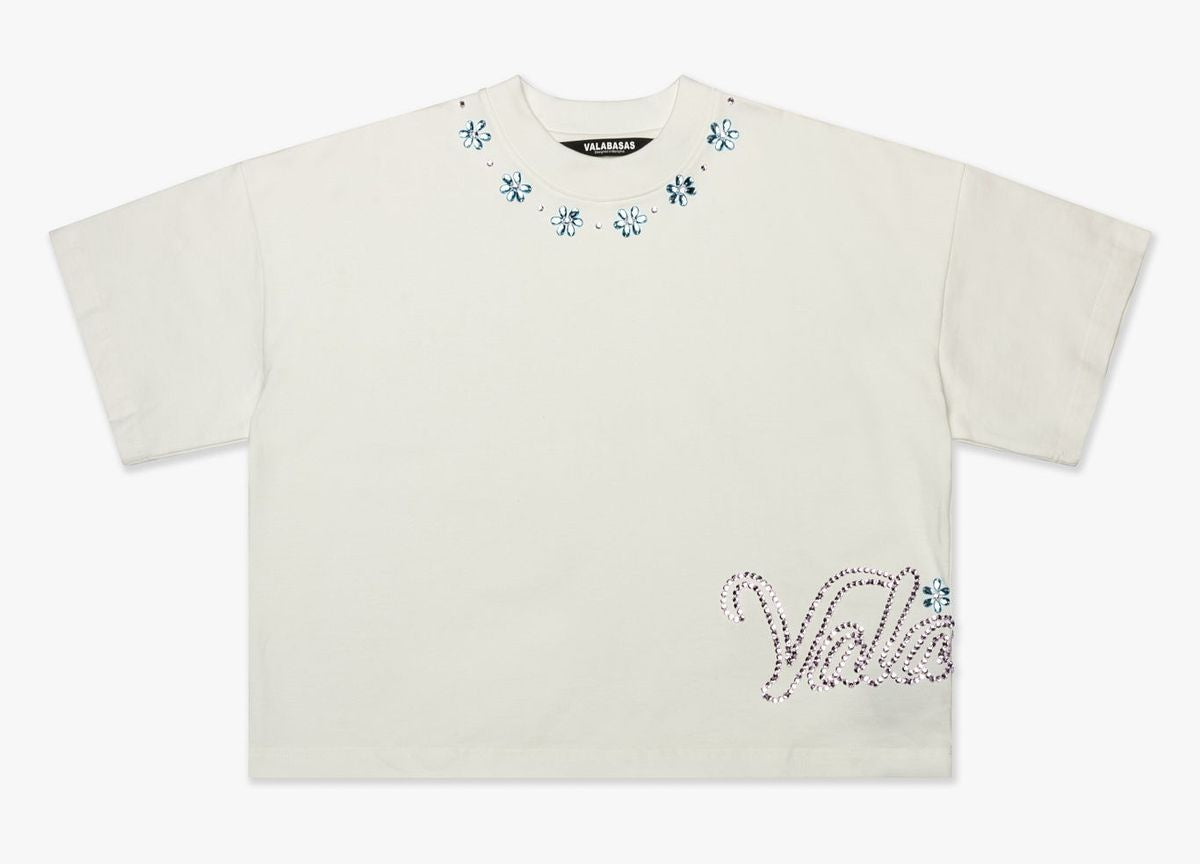Soft white Valabasas Gem Tee featuring a classic crew neck and comfortable fit