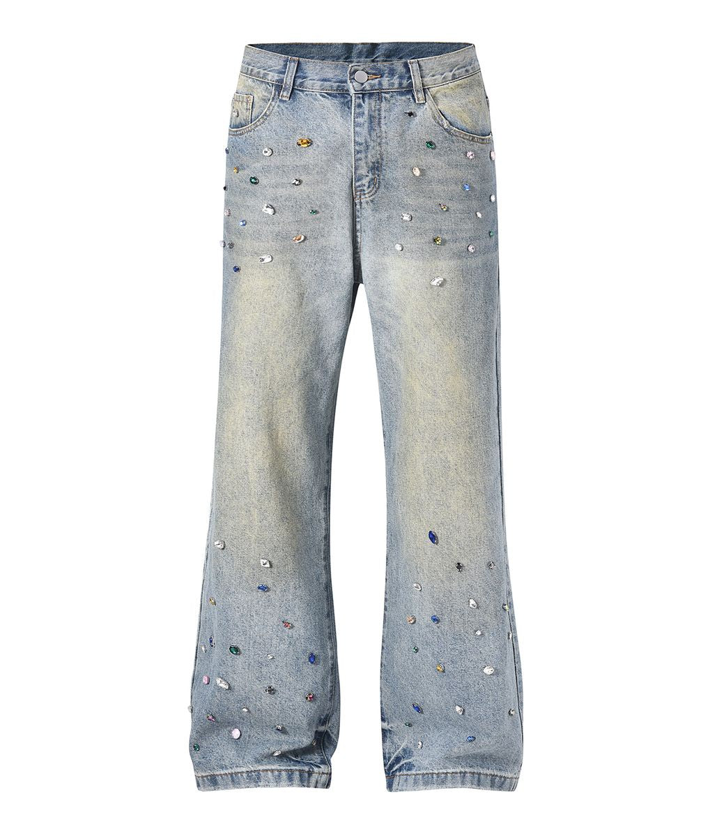 High-quality Azul Colored Gemstone Denim Jeans with baggy fit and side embellishments
