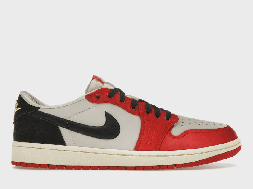 White and red Jordan 1 Retro Low OG - Trophy Room Away sneakers (FN0432-100) with iconic Swoosh logo