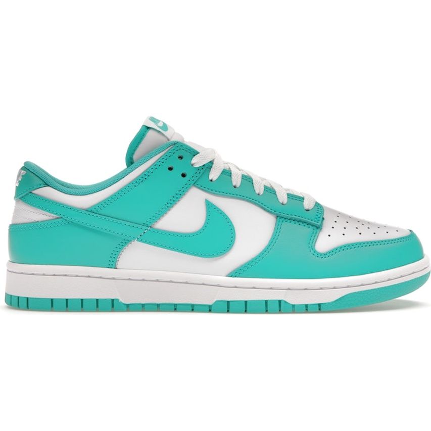 A close-up image of the Nike Dunk Low - Clear Jade (DV0833-101) sneakers against a white background, showcasing the vibrant turquoise and white leather upper, iconic Swoosh logo, and classic Dunk Low silhouette