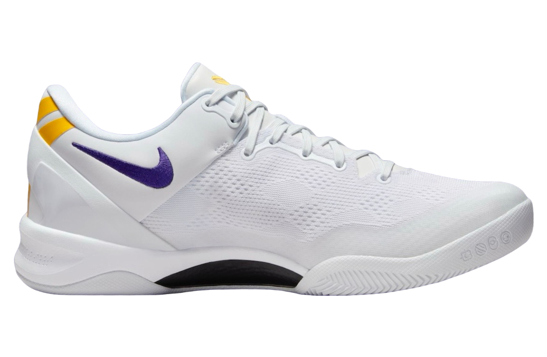 Nike Kobe 8 Protro Lakers Home basketball shoe in white and purple colorway with black detailing and Kobe Bryant's signature logo on the tongue, style HF9550-100