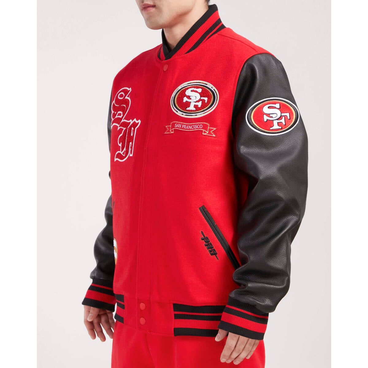 High-quality Pro Standard San Francisco 49ers Pro Prep Wool Varsity Jacket - Red/Black displayed in a stylish manner
