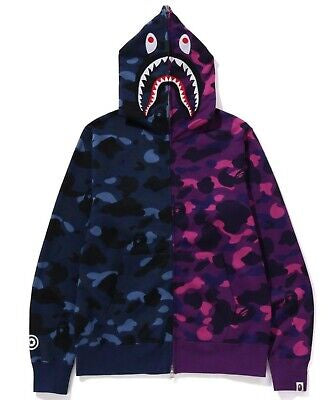BAPE Color Camo Separate Shark FZ Hoodie in Navy and Purple, stylish streetwear with iconic shark design