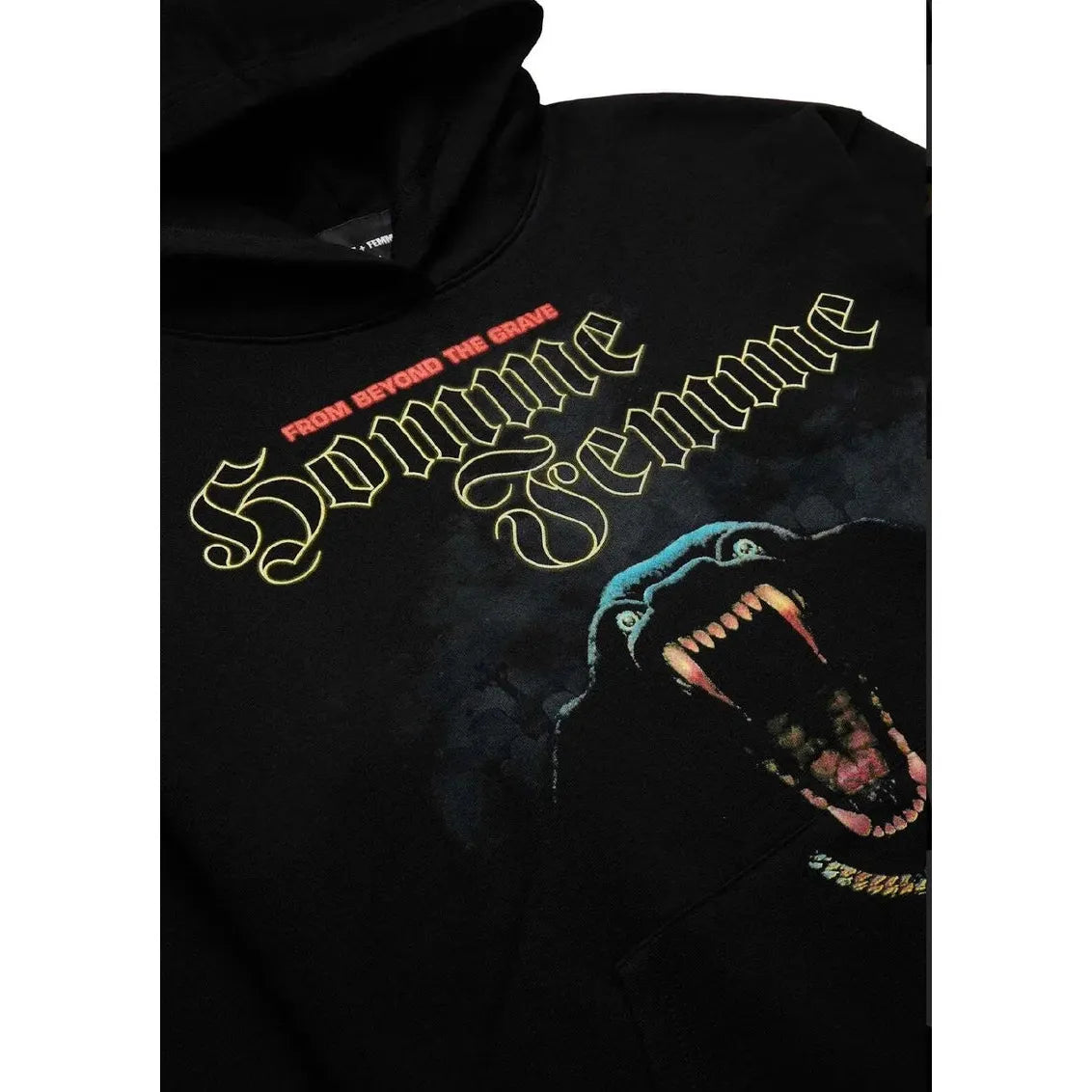 Close-up of the back of Homme + Femme Grave Digger Black Hoodie showing the large white skull graphic