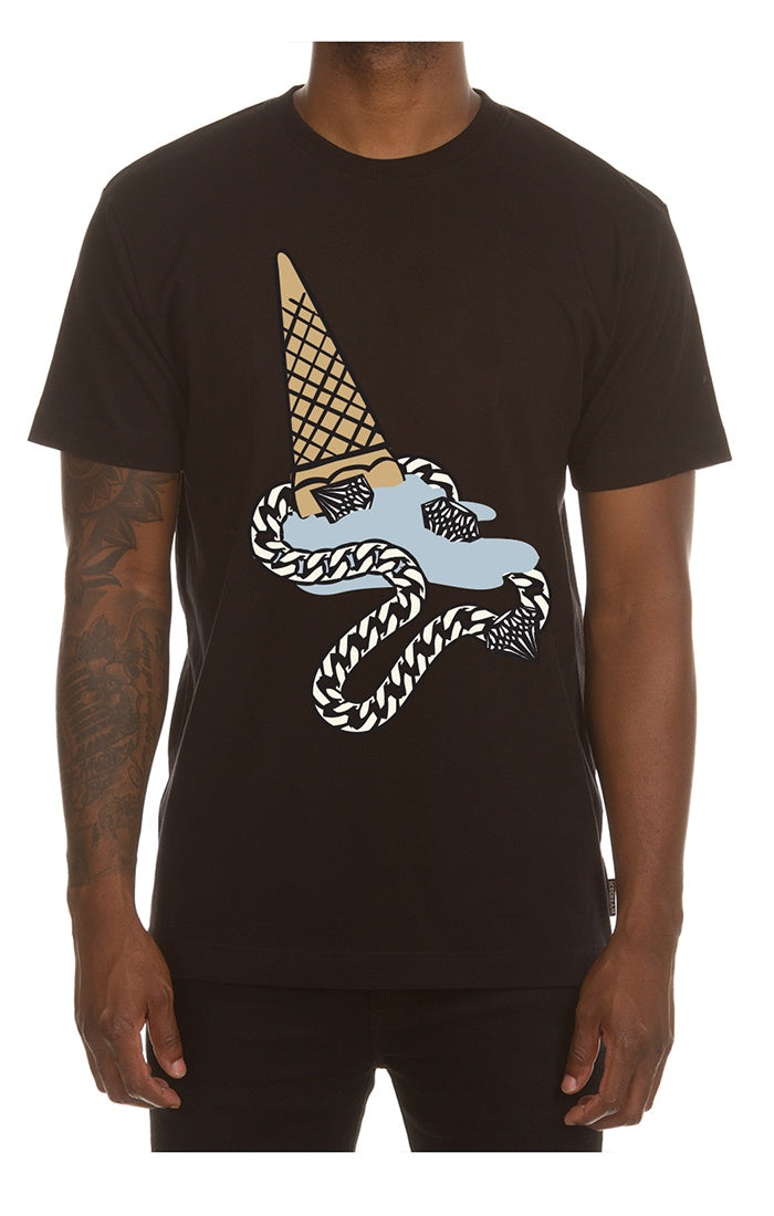 Black tee with 'Ice Cream Drop' logo in stainless steel design