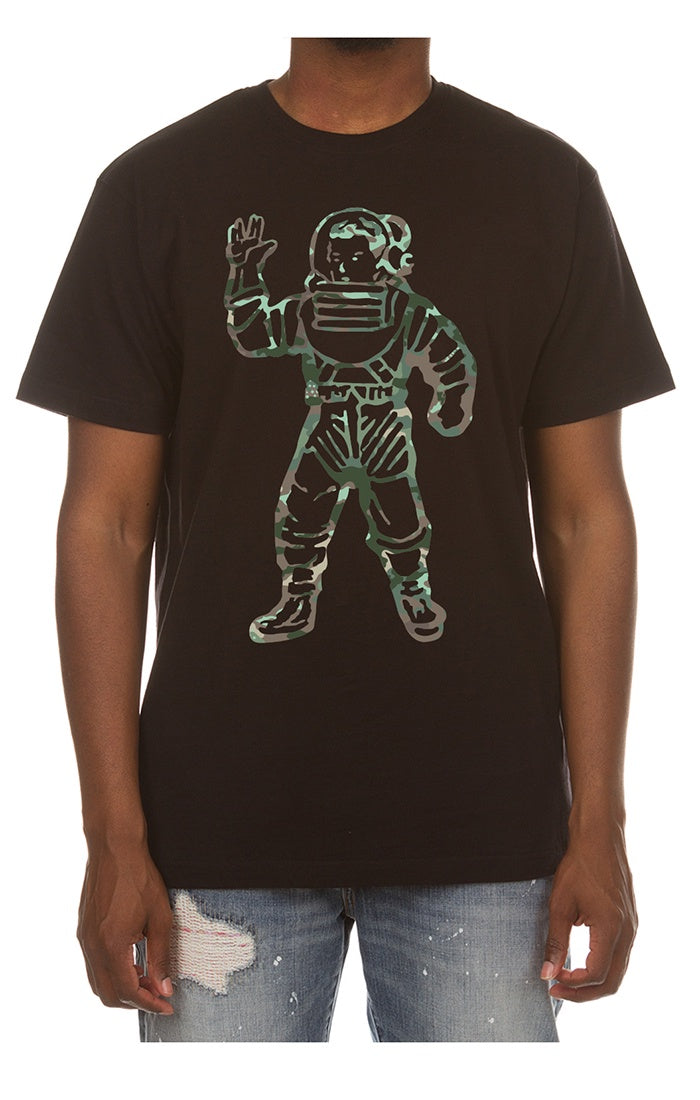 A black Billionaire Boy's Club BB Astro Camo short sleeve T-shirt featuring a stylish camouflage pattern with the style number 851-3210