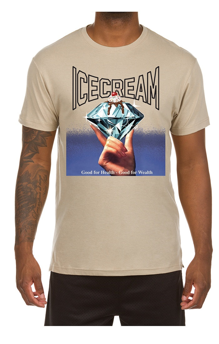 A close-up image of a white Ice Cream Good For Health SS Fog Tee with Style 451-2209, featuring a colorful and playful design