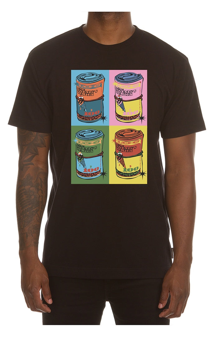 A black short-sleeve t-shirt featuring the Ice Cream Warbucks design, style 451-3206