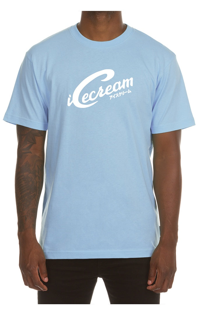 A detailed image of the Ice Cream Script SS Crystal Blue Tee with style number 451-3208, showcasing its vibrant crystal blue color and classic short-sleeve design