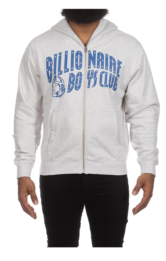 BBC Heather Grey BB Arch Full Zip Hoodie front view with logo on chest and pockets