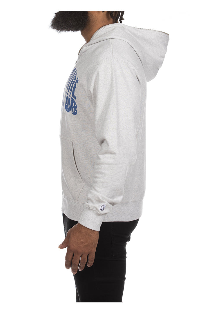 Close up of the embroidered BB logo on the chest of the heather grey hoodie