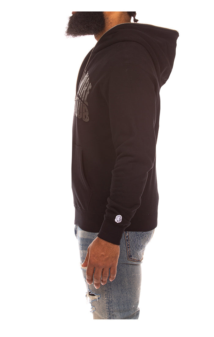 Detailed image of the BBC Black BB Curve Zip Up Hoodie highlighting the fabric texture and branding