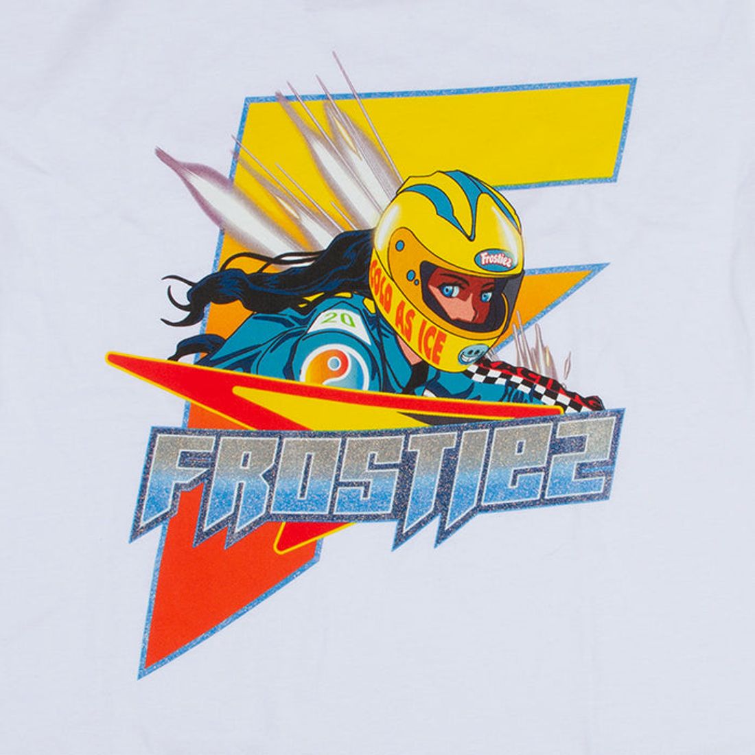 Close-up of the Frostiez Raceway SS White Tee (931-1203) sleeve with racing flag details and brand logo