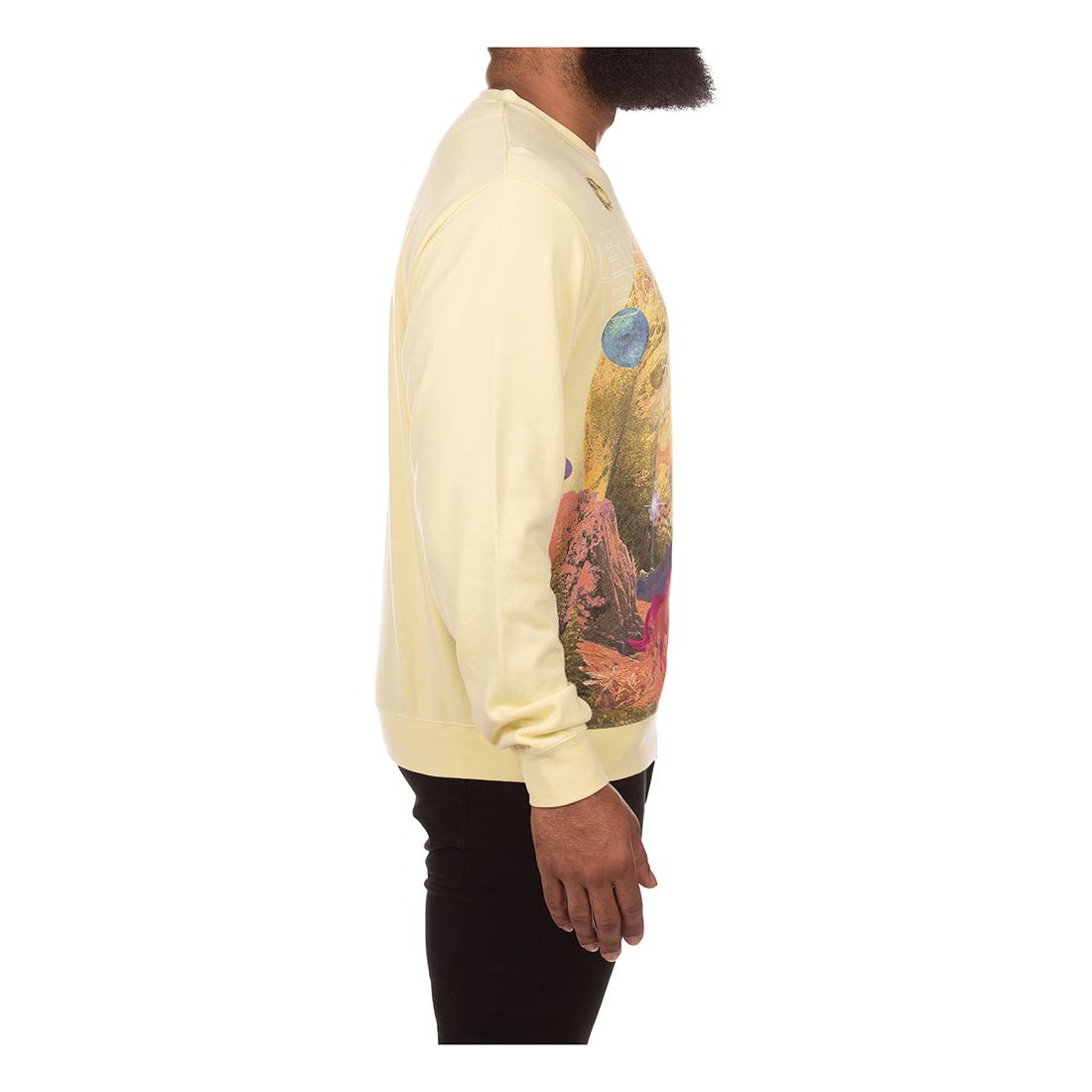 Side view of BBC Wax Yellow BB Free Crewneck showcasing relaxed fit and long sleeves