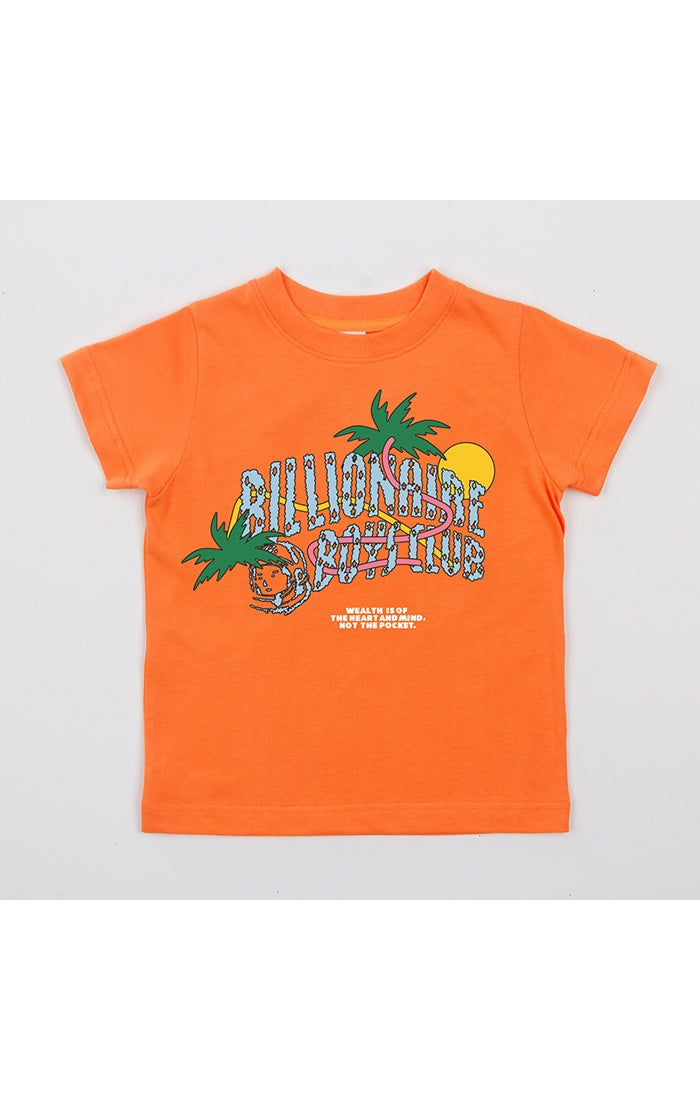 Kids BBC Orange Peel BB Utopia Arch SS Knit Tee (843-3200) displayed on a white background, featuring a vibrant orange color and a unique utopia arch design