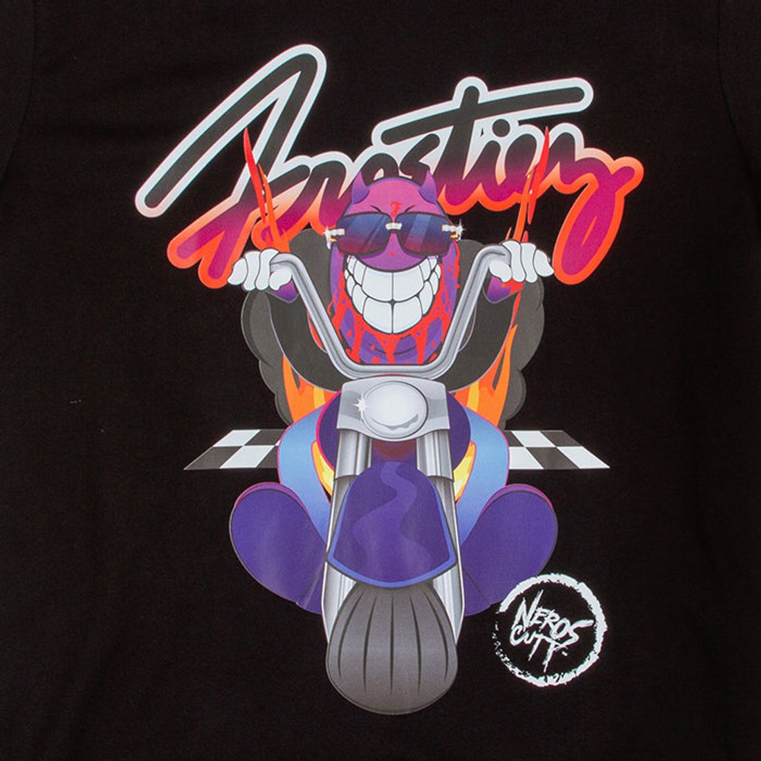 Alt text: Frostiez Demon Rider SS Black Tee (931-1206) - A stylish black t-shirt featuring a bold graphic of a demon riding a motorcycle, perfect for adding a edgy and rebellious touch to any outfit