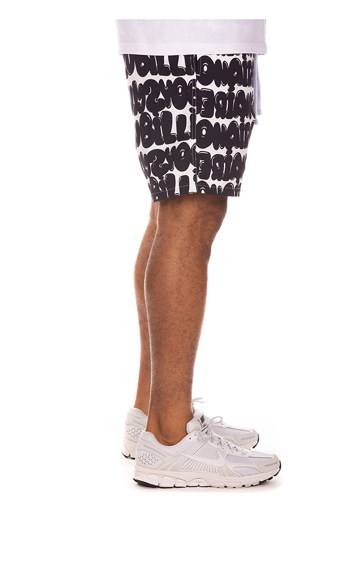 Close-up of the white BBC Bubble Shorts featuring the brand logo and comfortable fit