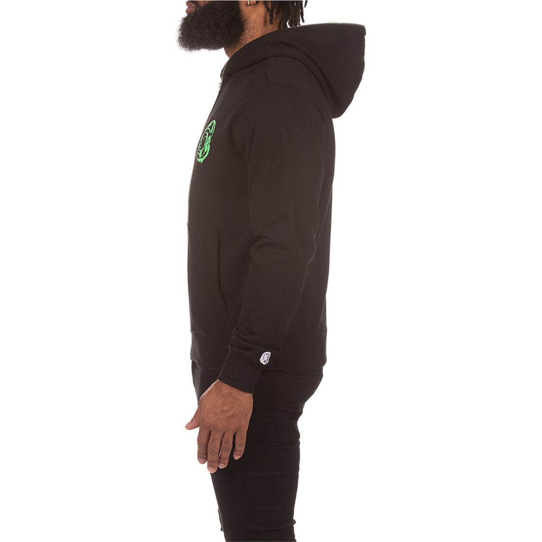 Stylish black hoodie with BBC helmet design and adjustable hood
