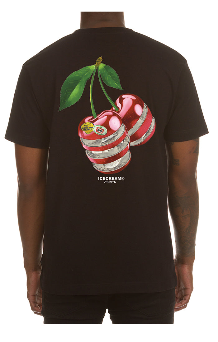 A black short-sleeve T-shirt featuring the Ice Cream Quarters graphic design, style 451-3202