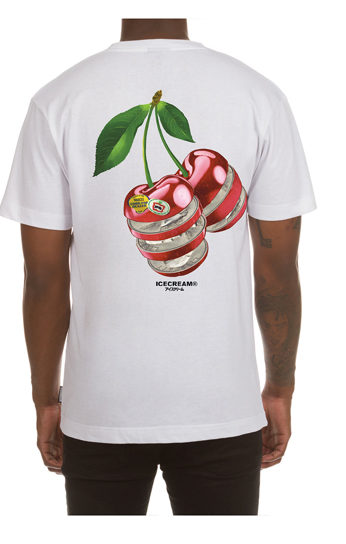A white short-sleeve T-shirt featuring the Ice Cream Quarters design on the front, style number 451-3202