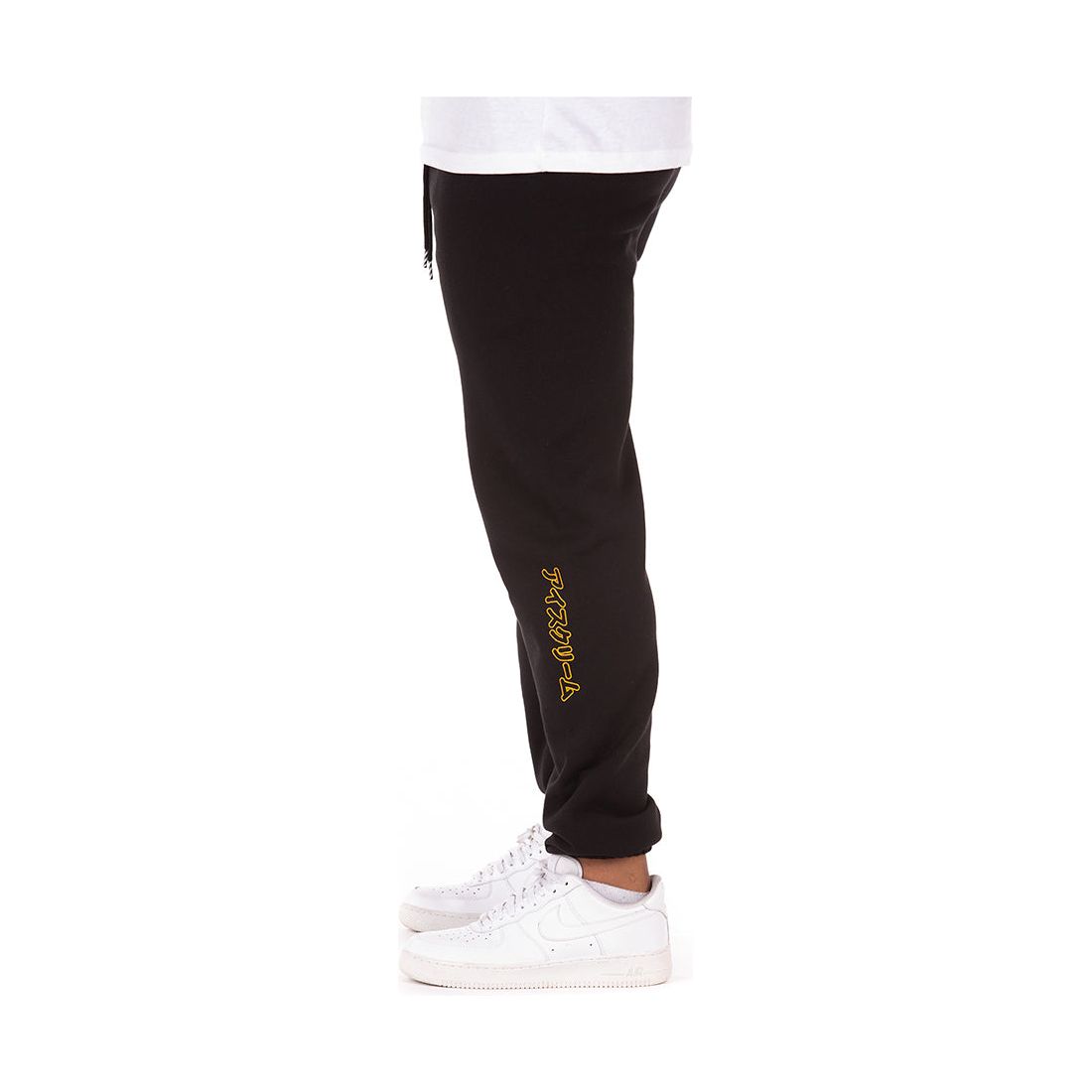 Front view of black sweatpants with Ice Cream Freezer pattern