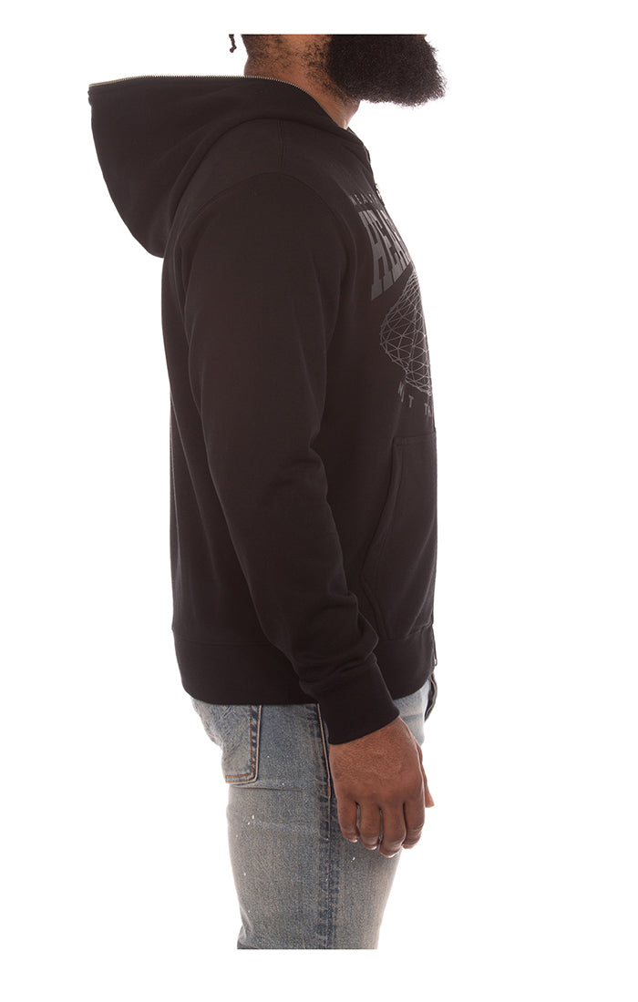 Men's black hoodie with BB HMU design and zip front