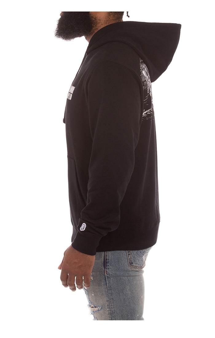 Billionaire Boy's Club Black BB Dune Alpha Hoodie with a model wearing it