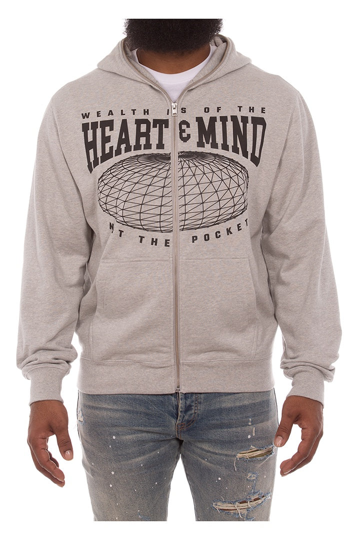 Heather grey zip front hoodie with BBC logo and HMU design