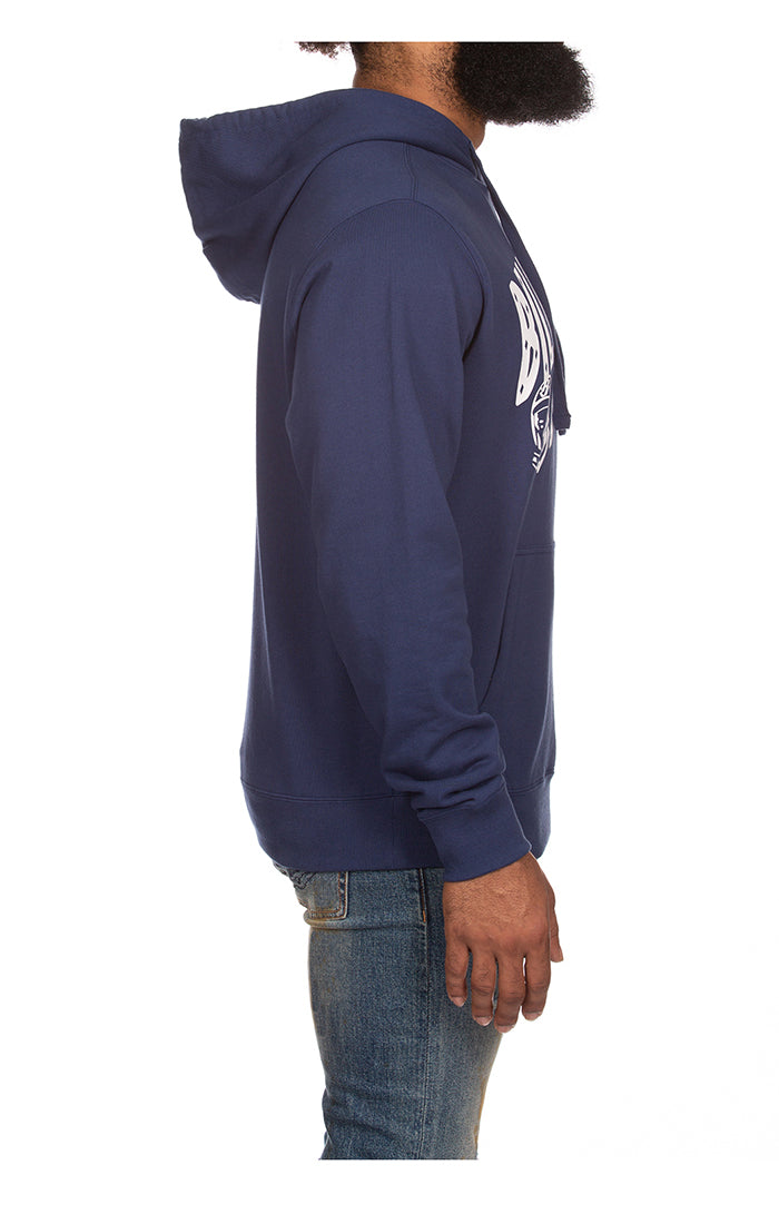 Close-up of the embroidered BB logo on the chest of the BBC Medieval Blue BB Arch Hoodie (841-9300)