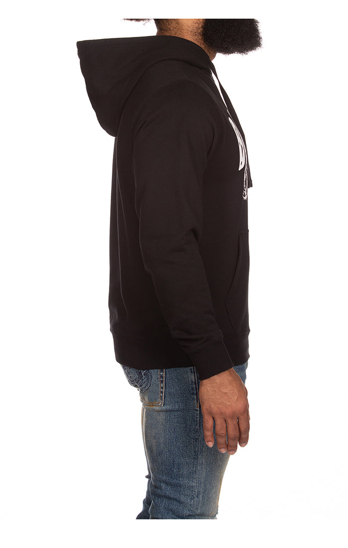 Side view of BBC Black BB Arch Hoodie showing pocket and ribbed hem