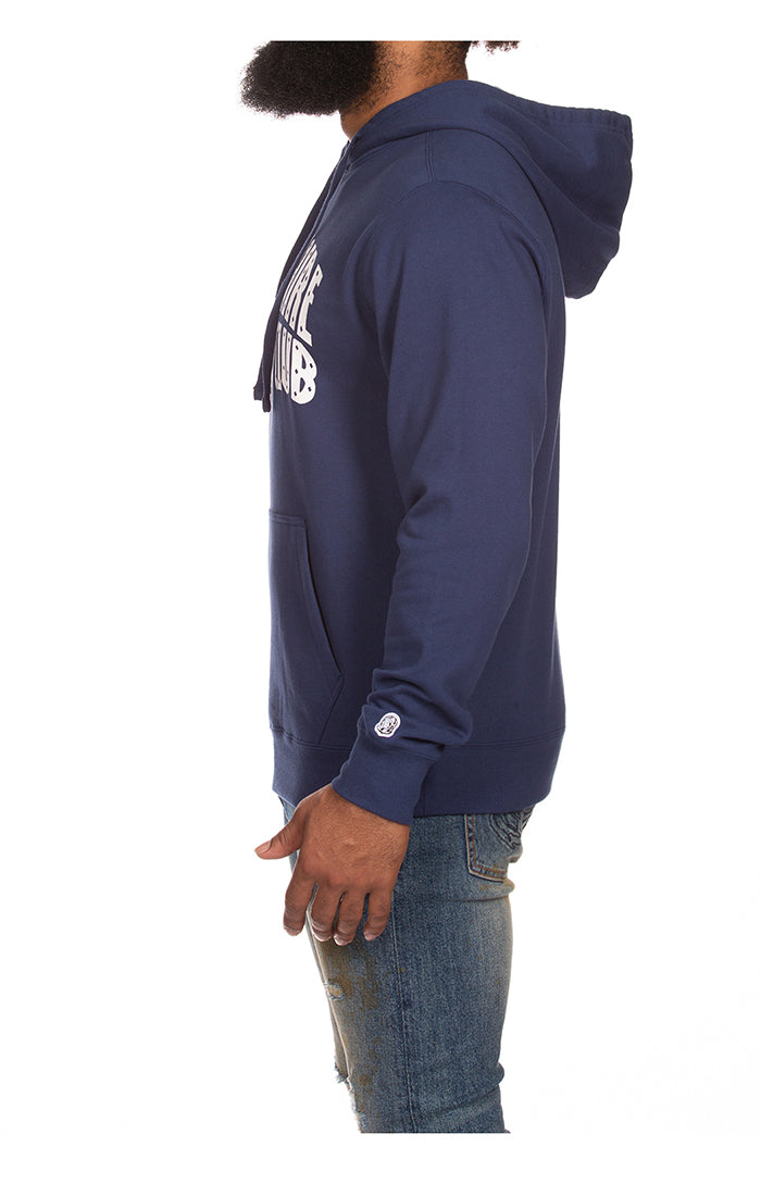 Model wearing the BBC Medieval Blue BB Arch Hoodie (841-9300) showcasing the relaxed fit and comfortable design