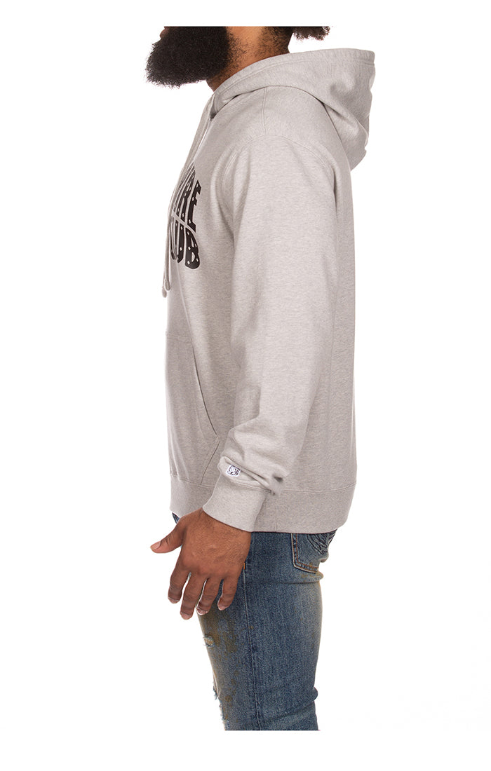Model wearing the BBC Heather Grey BB Arch Hoodie (841-9300) for a relaxed, comfortable fit