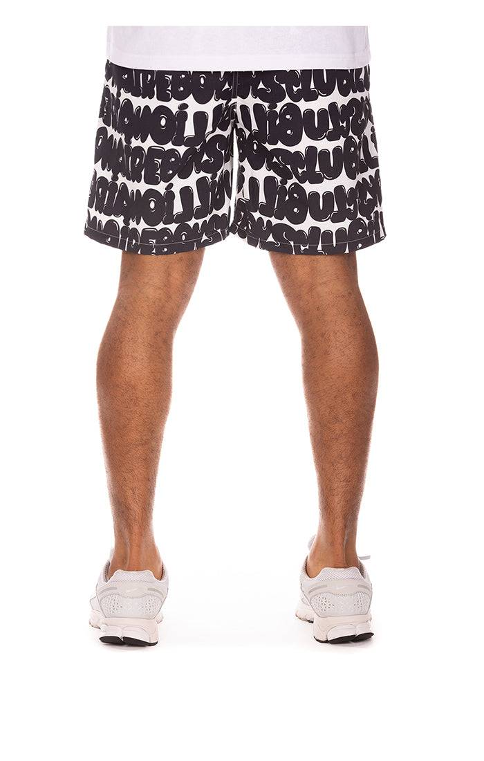 Full view of Billionaire Boy's Club White BB Bubble Shorts showcasing their relaxed style and elastic waistband