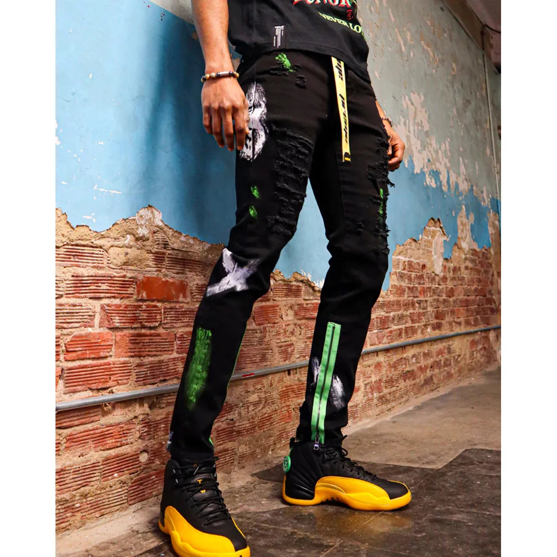 Close-up of Preme Buffalo Green Handpaint Denim Jeans (PR-WB-728) showing hand-painted design and high-quality stitching