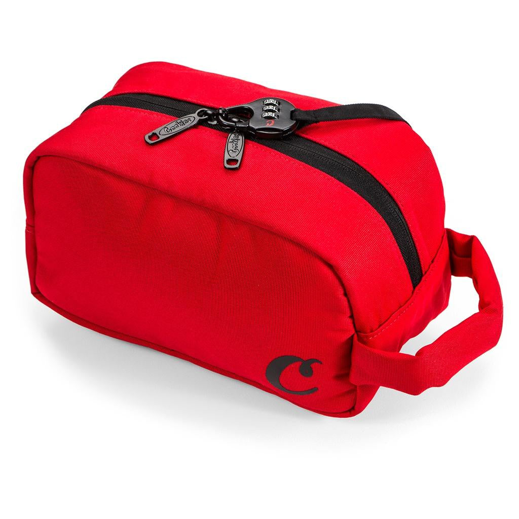 Red canvas toiletry bag with smell proof technology for cookies