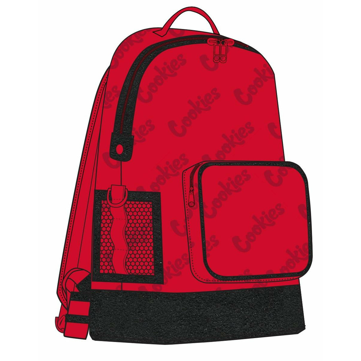 A red backpack with repeated Cookies Luxe Satin Poly logo, designed to be smell proof and stylish for everyday use