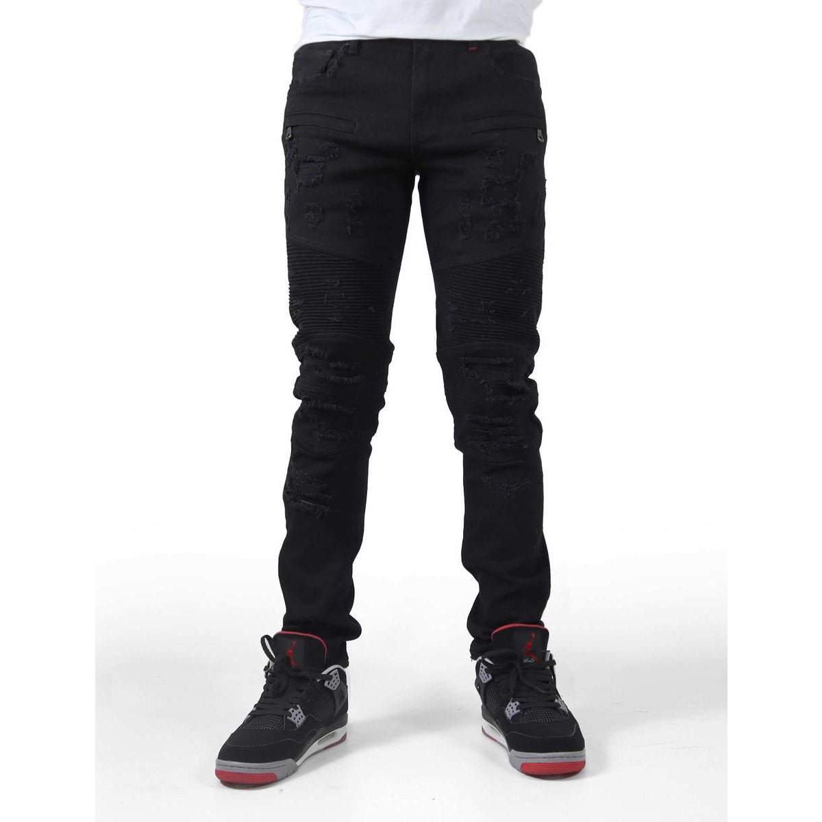 PREME Buffalo Black Denim Biker Jeans (PR-WB-117R) - Side view of the jeans showcasing the slim-fit and biker-style design with ribbed panels and zipper details