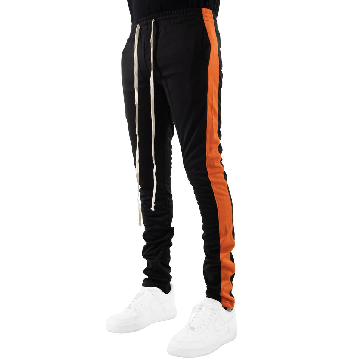 Side View of EPTM Black Track Pants with Orange Stripe for Men