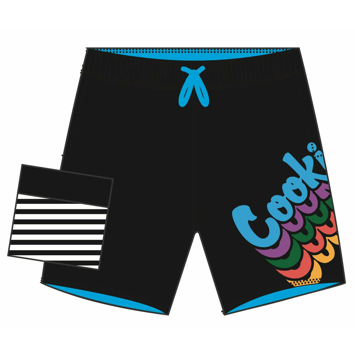 Black poly stretch swim shorts from Cookies Pacificos, perfect for beach days and pool lounging
