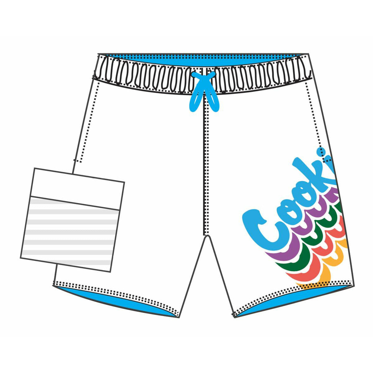 Close up of Cookies Pacificos Poly Stretch White Swim Shorts, perfect for beach or pool days